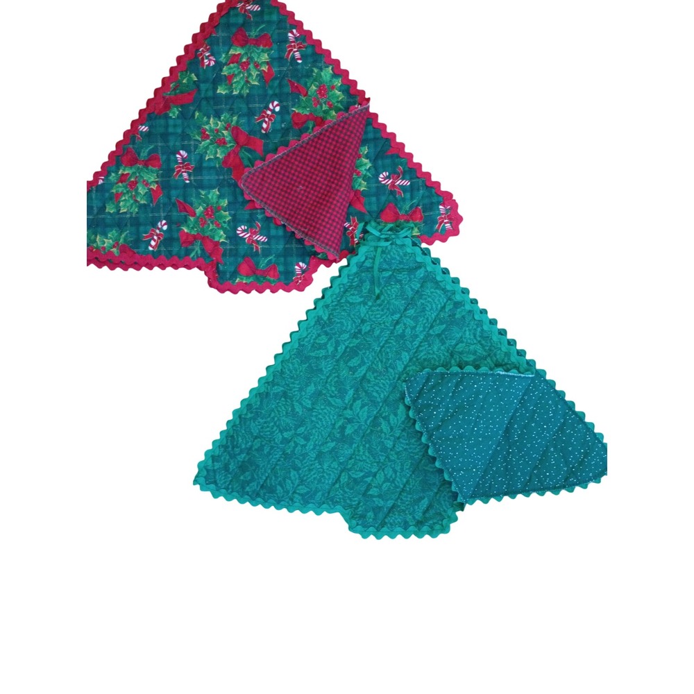 Vintage Handmade Quilted Christmas Tree Placemats Reversible Holly Gingham 2pc